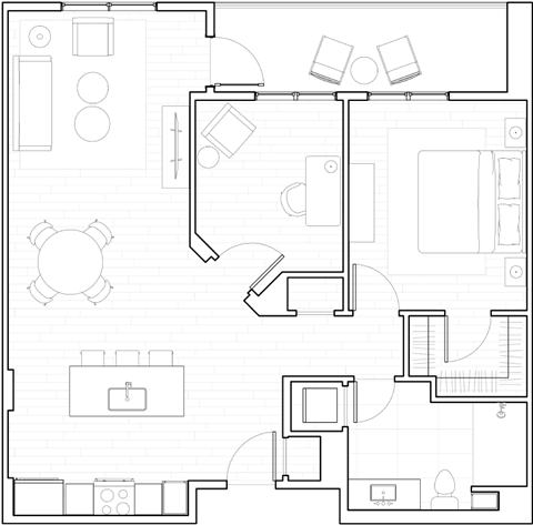 Floor plan for 1 bed, 1 bath, 927 sqft